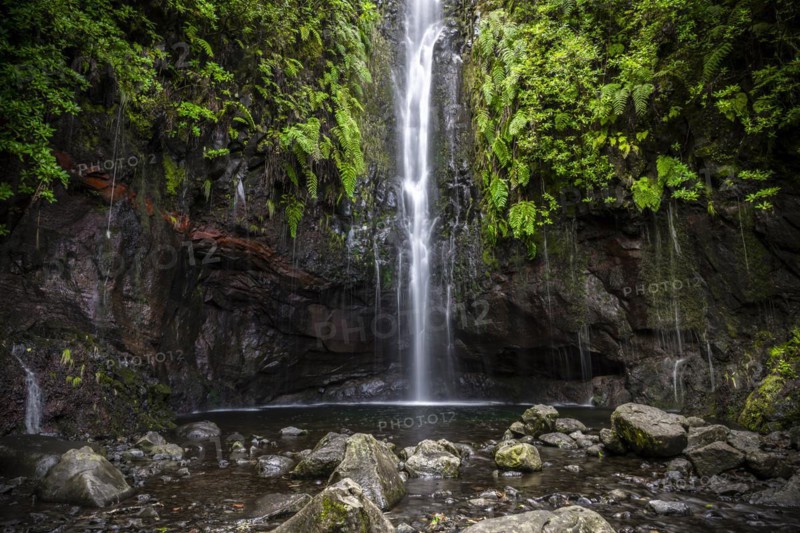 River and waterfall Cascata das 25 Fontes, long exposure, Rabacal, Paul da Serra, Madeira, Portugal, Europe