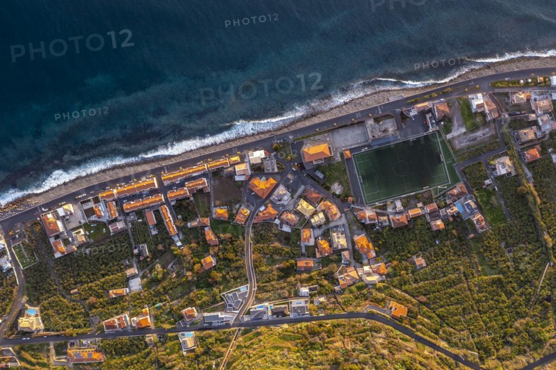 View of the village from above, aerial view, coast and houses, Paul do Mar, Madeira, Portugal, Europe