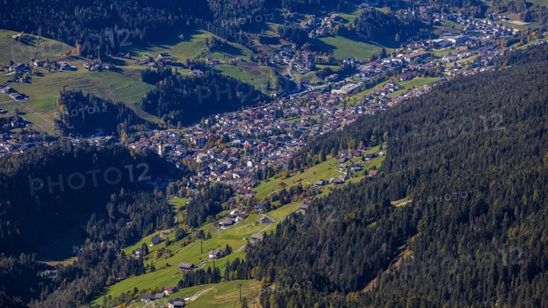 The tourist town of Ortisei, view from the Seceda peak, Val Gardena, Dolomites, South Tyrol, Italy, Europe
