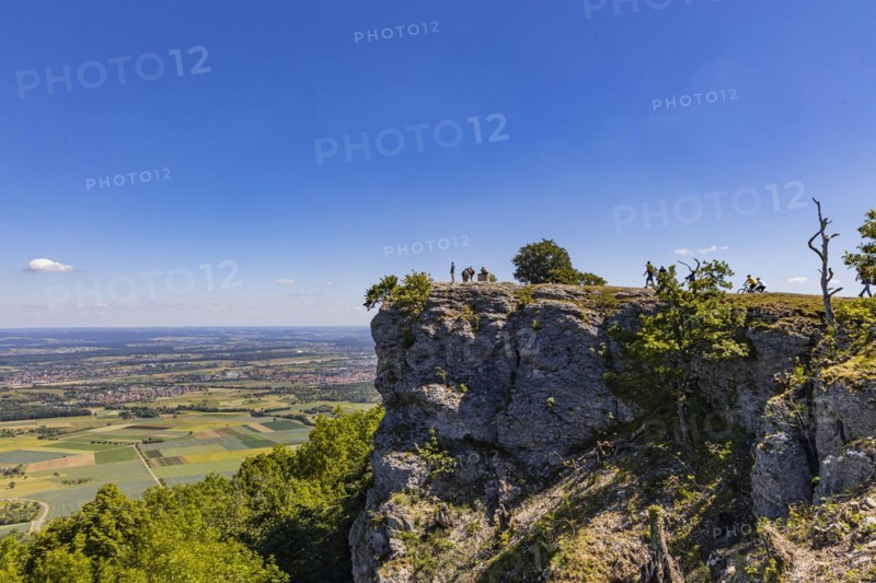 View from the rock plateau Breitenstein over the landscape in the foothills of the Alb, Swabian Alb, Ochsenwang, Bissingen an der Teck, Baden-Wuerttemberg, Germany, Europe