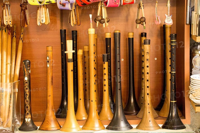 Dozens of handmade wooden flutes or shrill pipe