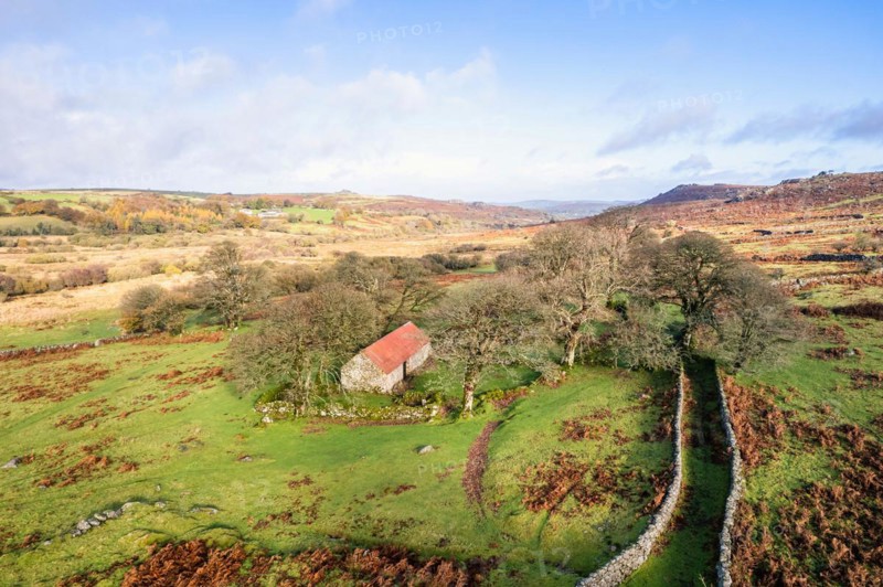 View over Emsworthy Mire from a drone, Haytor Rocks, Dartmoor National Park, Devon, England, UK