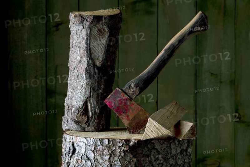 Axe on chopping block with log in front of green wooden wall, studio shot, Germany, Europe
