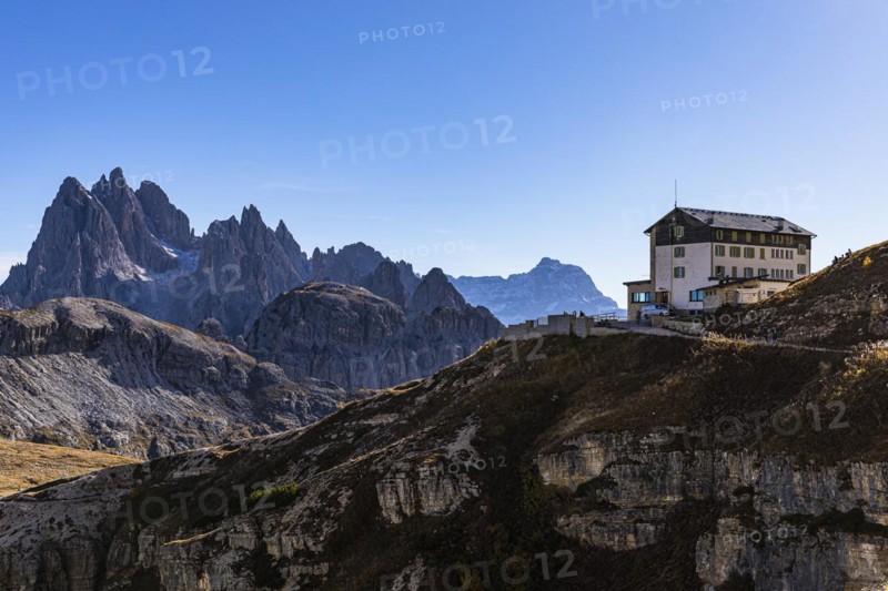 The Auronzo Hut, behind the peaks of the Cadini di Misurina, Dolomites, South Tyrol, Italy, Europe