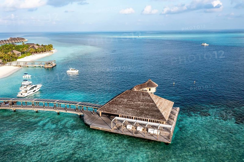 Aerial view, Hurawalhi Island resort with beaches and water bungalows, North Male Atoll, Maldives, Indian Ocean, Asia