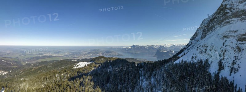 Flank of Mount Pilatus with cable car, in the background Rigi, Buergenstock and Lake Lucerne, Fraekmuentegg, Lucerne, Switzerland, Europe