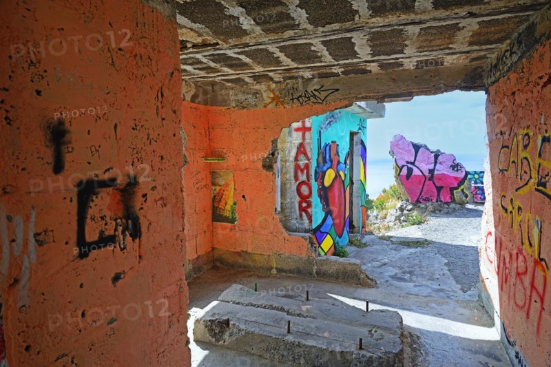 Ruin with graffiti on the beach Playa de las Teresitas, San Andres, back Santa Cruz, Tenerife, Canary Islands, Spain, Europe