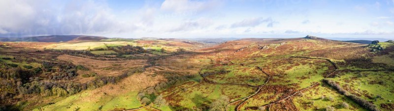 Panorama over Emsworthy Mire from a drone, Haytor Rocks, Dartmoor National Park, Devon, England, UK