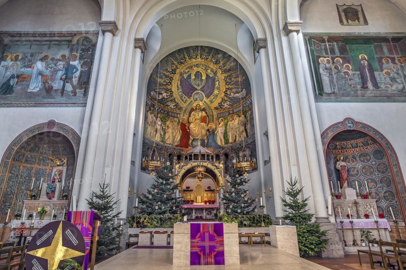 Christmas decorated high altar, neo-Romanesque parish church of St. Anne in Lehel, Munich, Bavaria, Germany, Europe