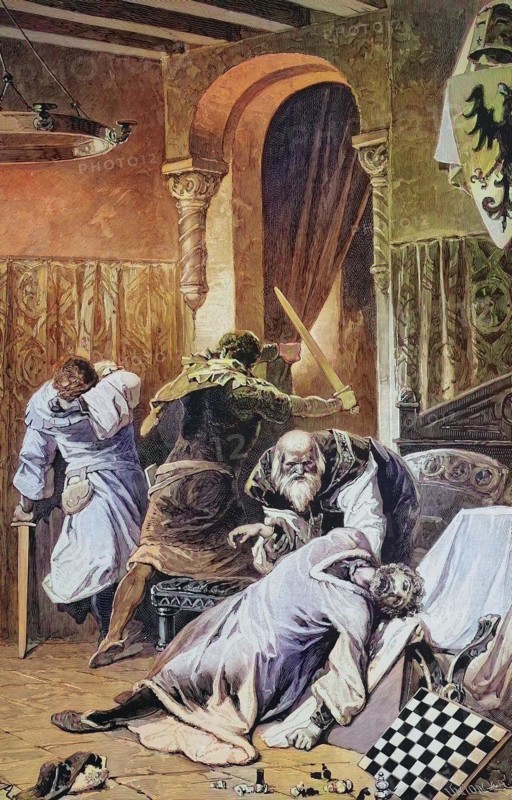 Philip of Swabia was a prince of the House of Hohenstaufen and king of Germany who was assassinated by Otto von Wittelsbach, Historical, digitally restored reproduction of a 19th century original