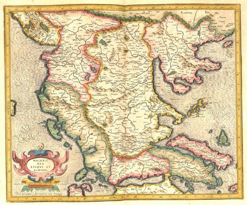 Atlas, map from 1623, Macedonia, digitally restored reproduction from an engraving by Gerhard Mercator, born as Gheert Cremer, 5 March 1512, 2 December 1594, geographer and cartographer, Europe