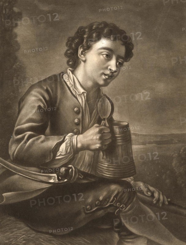 The Refreshment for the Grim Reaper, farm labourer with a jug of beer, c. 1760, Germany, The Scythemans Refreshment, after a painting of Philippe Mercier