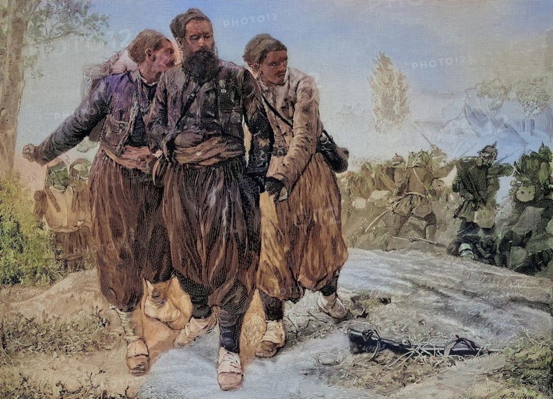 Scene from the Battle of Woerth, 6 August 1870, also known as the Battle of Reichshoffen or as the Battle of Froeschwiller, captured Zouaves, Historical, digitally restored reproduction of an original from the 19th century, exact date unknown