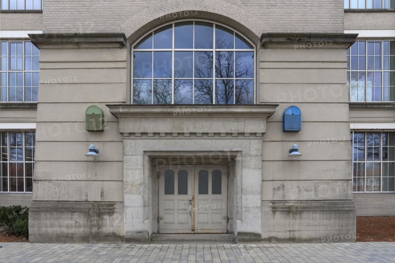 Entrance gate of the Glass Palace, the former Mechanical Cotton Spinning and Weaving Mill, from 1910 to 1980, today Art Museum, Augsburg, Bavaria, Germany, Europe