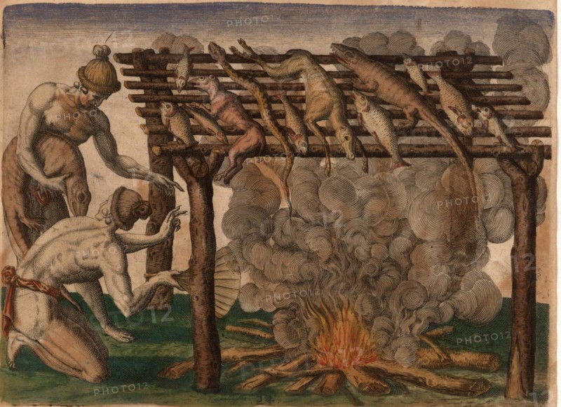 Native Americans drying fish and game such as alligators, snakes and small deer on a grill over a fire, Historic, digitally restored reproduction of an original from the period