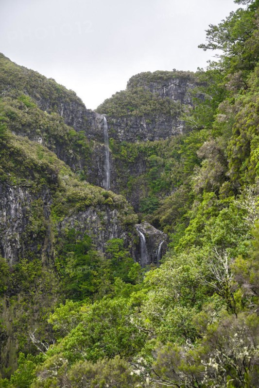 Waterfall, Green Forest and Mountains of Rabacal, Paul da Serra, Madeira, Portugal, Europe