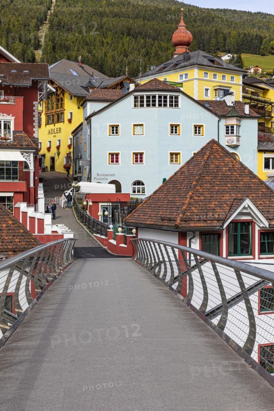 Footbridge between the village centre and the valley station of the Mont Seuc gondola lift, Ortisei, Val Gardena, Dolomites, South Tyrol, Italy, Europe