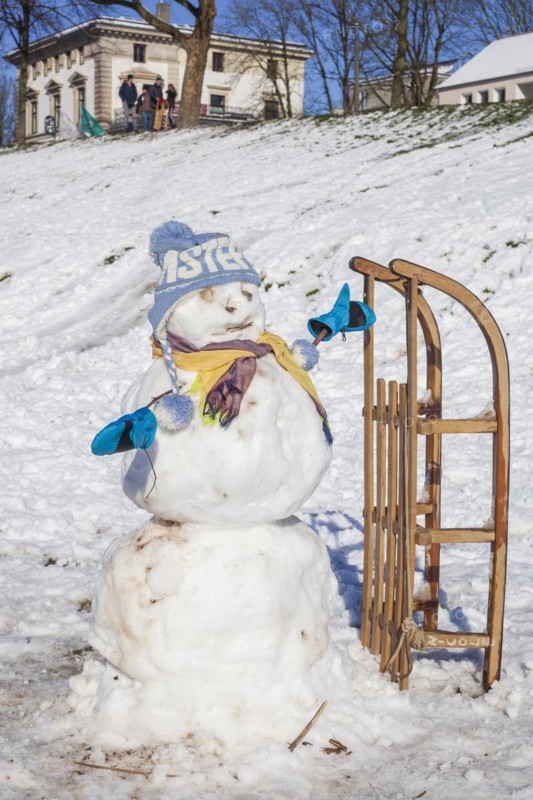 Snowman with sledge, cap and scarf, Bremen, Germany, Europe
