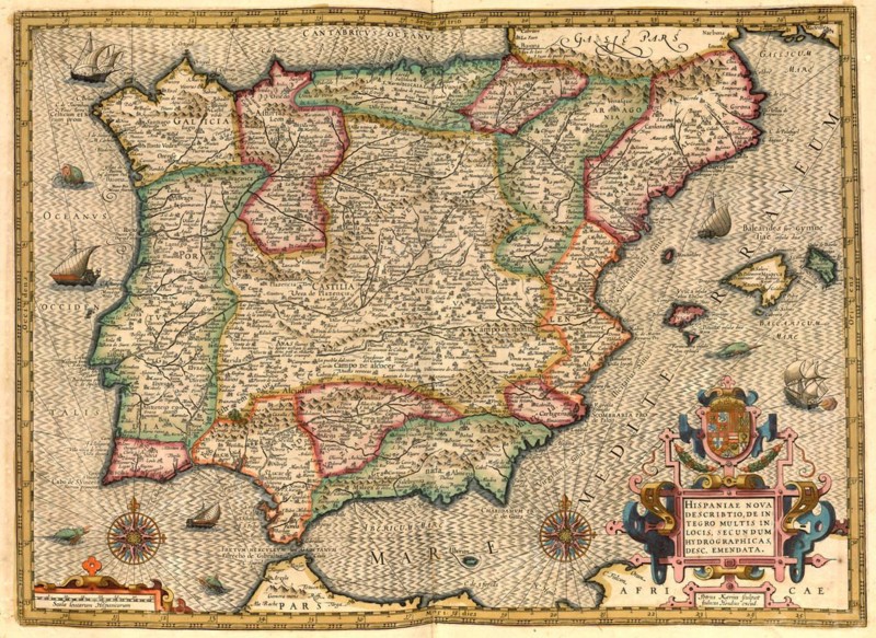 Atlas, map from 1623, Iberian Peninsula, Spain, Portigal, digitally restored reproduction from an engraving by Gerhard Mercator, born as Gheert Cremer, 5 March 1512, 2 December 1594, geographer and cartographer, Europe