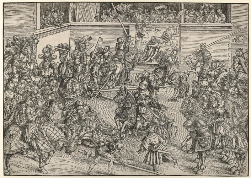 The Tournament with Samson, Simson, and the Lion, painting by Lucas Cranach the Elder, 4 October 1472, 16 October 1553, one of the most important German painters, graphic artists and letterpress printers of the Renaissance, Historic, digitally restored reproduction of a historic original