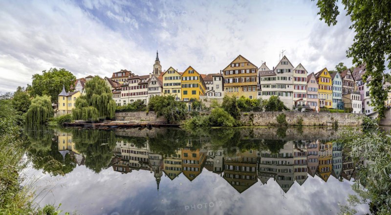City view with historical buildings on the Neckar, Neckar front, Collegiate Church and Hoelderlin Tower, Tuebingen, Baden-Wuerttemberg, Germany, Europe