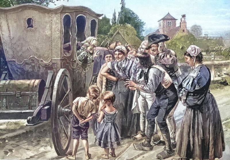 Francois-Marie Arouet, known by his nom de plume Voltaire, in a coach in Pomerania, Historical, digitally restored reproduction of an original from the 19th century, exact date unknown