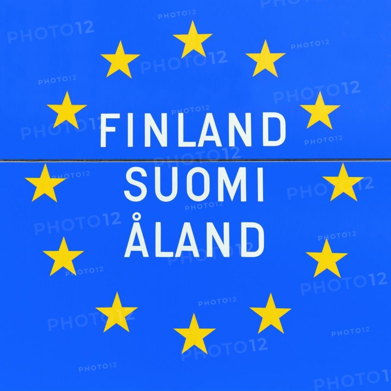 Blue sign with European stars at the border, European Union, inscription Finland, Suomi, Aland, Aland Islands, Alandinseln, Finland, Europe