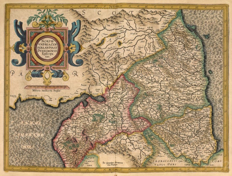 Atlas, map from 1623, Northumbria, one of the Anglo-Saxon petty kingdoms of England, digitally restored reproduction from an engraving by Gerhard Mercator, born as Gheert Cremer, 5 March 1512, 2 December 1594, geographer and cartographer
