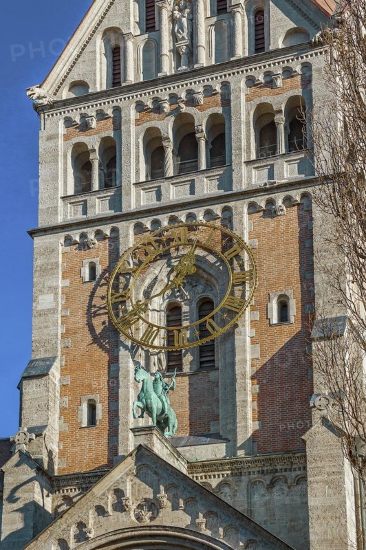 Tower clock and ornamental monument, neo-Romanesque parish church of St. Anne in Lehel, Munich, Bavaria, Germany, Europe