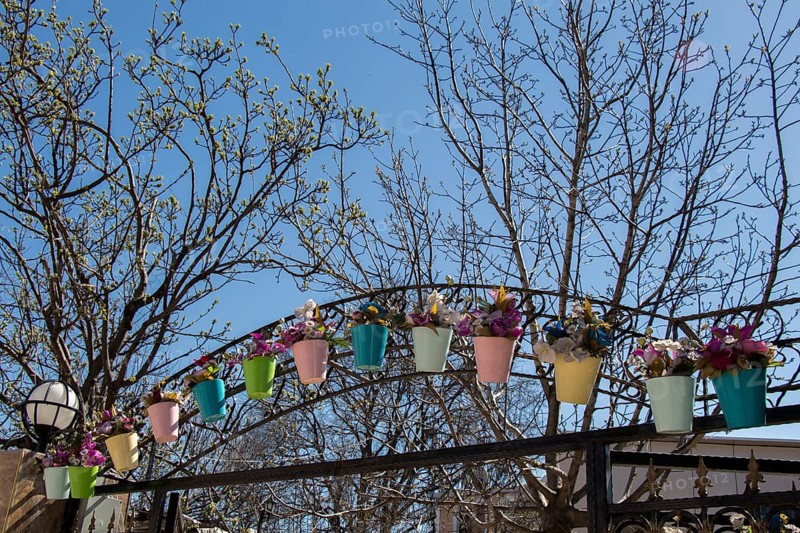 Fake flowers in flower pots for decoration