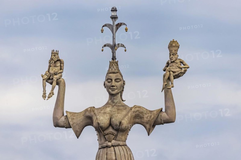 New landmark is the nine-metre-high Imperia at the harbour entrance, designed by artist Peter Lenk, Lake Constance, Constance, Baden-Wuerttemberg, Germany, Europe