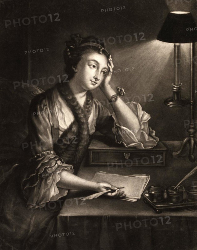 Woman sitting at a table and writing a letter, c. 1800, Germany, Historic, digitally restored reproduction of an original from the period, Europe