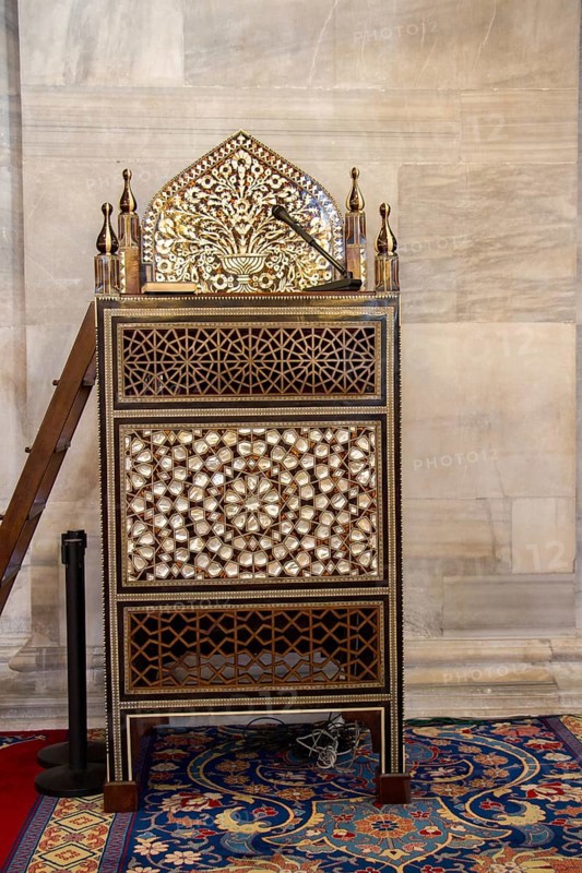 Wooden minbar, sermon pulpit of Ottoman times in mosque