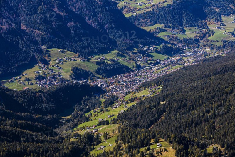 The tourist town of Ortisei, view from the Seceda peak, Val Gardena, Dolomites, South Tyrol, Italy, Europe