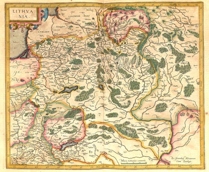 Atlas, map from 1623, Lithuania, digitally restored reproduction from an engraving by Gerhard Mercator, born as Gheert Cremer, 5 March 1512, 2 December 1594, geographer and cartographer, Europe