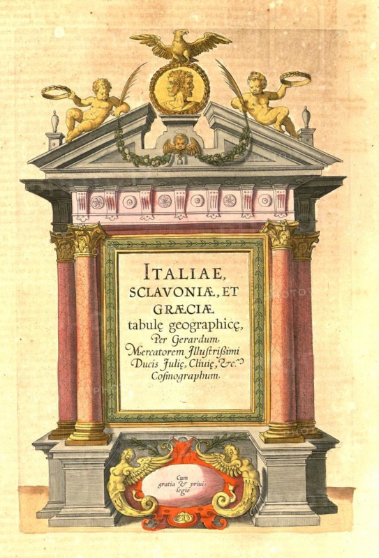 Atlas, map from 1623, Italy, intertitle in the atlas, digitally restored reproduction from an engraving by Gerhard Mercator, born as Gheert Cremer, 5 March 1512, 2 December 1594, geographer and cartographer, Europe