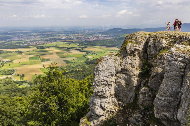 View from Breitenstein, rock plateau on the northern edge of the Swabian Alb, Bissingen an der Teck, Baden-Wuerttemberg, Germany, Europe