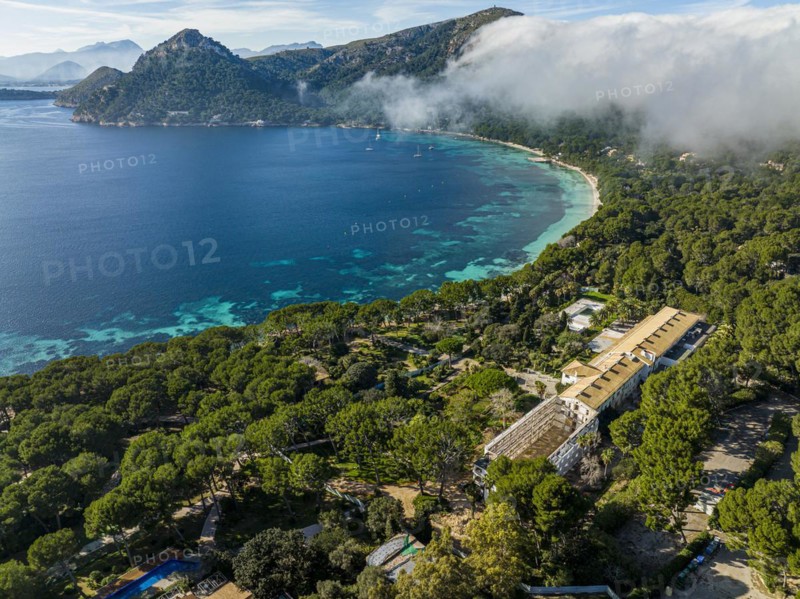 Aerial view, Spain, Balearic Islands, Port de Pollenca, Formentor Peninsula with Formentor Beach, Hotel Royal Hideaway Formentor formerly Hotel Formentor, Cala Pi de la Posada, Illa del Geret, Europe