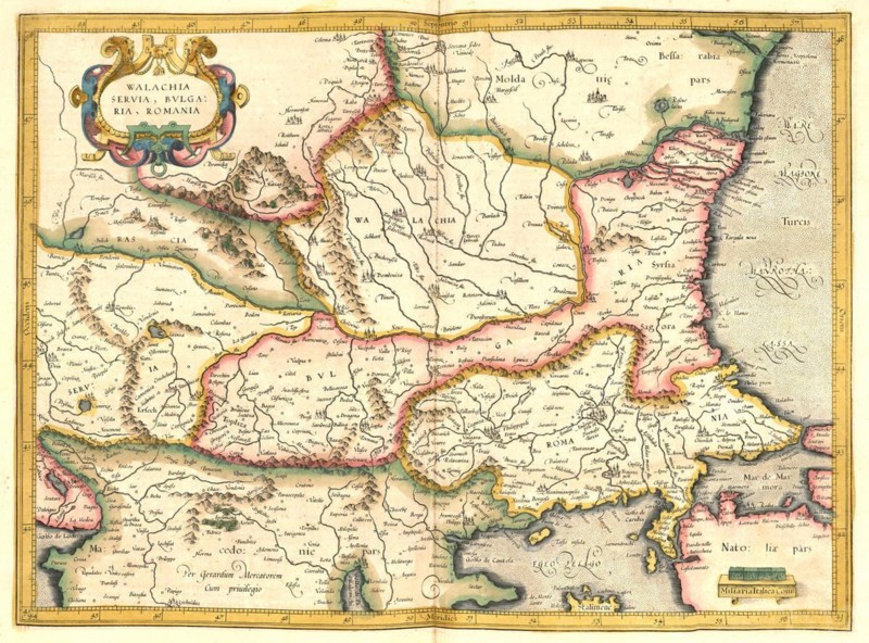 Atlas, map from 1623, Wallachia, Serbia, Bulgaria, Romania, digitally restored reproduction from an engraving by Gerhard Mercator, born as Gheert Cremer, 5 March 1512, 2 December 1594, geographer and cartographer, Europe