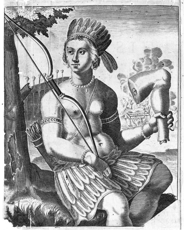 An allegorical representation of the Americas in the form of a seated Indian woman in a feathered skirt and headdress holding a bow and a severed human leg. Human activities include scenes of cannibalism, Historic, digitally restored reproduction of an original from the period