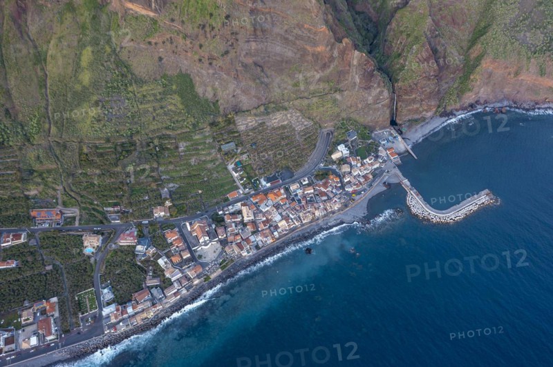 View of the village from above, aerial view, coast and houses, Paul do Mar, Madeira, Portugal, Europe