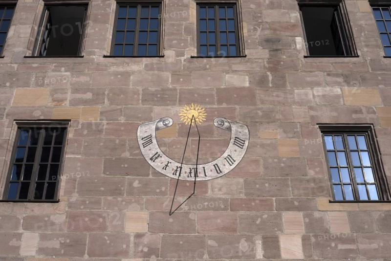 Sundial on the historic Schuerstabhaus, patrician house, Albrecht-Duerer-Platz.4, Nuremberg, Middle Franconia, Bavaria, Germany, Europe