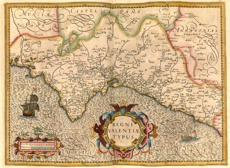 Atlas, map from 1623, Regni Valentiae Typus, Reino de Valencia, Spain, digitally restored reproduction from an engraving by Gerhard Mercator, born as Gheert Cremer, 5 March 1512, 2 December 1594, geographer and cartographer, Europe