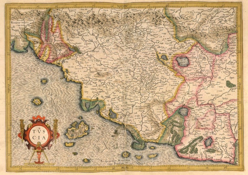 Atlas, map from 1623, Tuscia, Etruria, ancient landscape in central Italy, Italy, digitally restored reproduction from an engraving by Gerhard Mercator, born as Gheert Cremer, 5 March 1512, 2 December 1594, geographer and cartographer, Europe