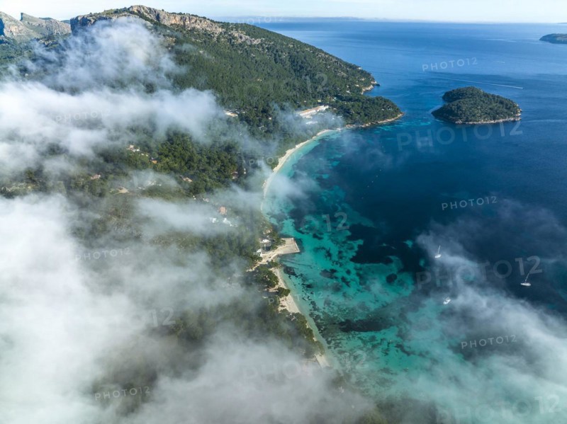 Aerial view, Spain, Balearic Islands, Port de Pollenca, Formentor Peninsula with Formentor Beach, Hotel Royal Hideaway Formentor formerly Hotel Formentor, Cala Pi de la Posada, Illa del Geret, Europe