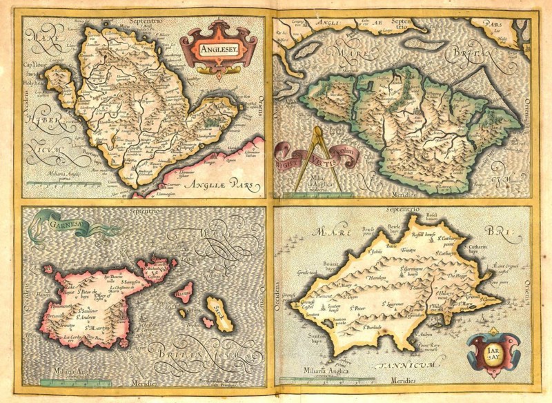 Atlas, map from 1623, Anglesey Island in Wales, Isle of Wight, Garnesay Guernsey, Iarsey Jersey, digitally restored reproduction from an engraving by Gerhard Mercator, born as Gheert Cremer, 5 March 1512, 2 December 1594, geographer and cartographer