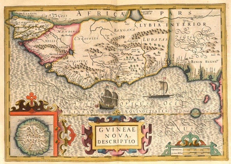 Atlas, map from 1623, Guinease nova, New Guinea, digitally restored reproduction from an engraving by Gerhard Mercator, born as Gheert Cremer, 5 March 1512, 2 December 1594, geographer and cartographer