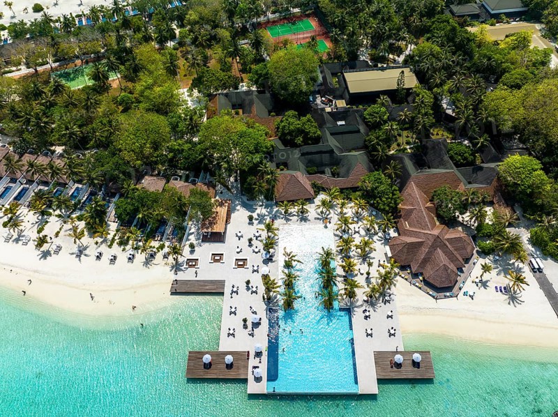 Aerial View, Paradise Island with Water Bungalows, Indian Ocean, Lankanfushi, North Male Atoll, Maldives, Asia
