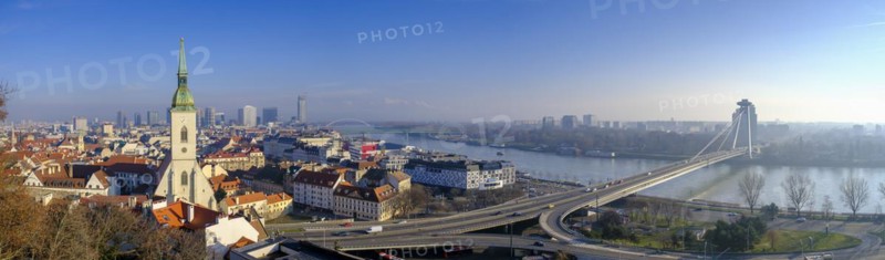 Panorama of the castle with the Old Town and St. Martins Church, the Danube and the Petrzalka district, Bratislava, Bratislava, Slovakia, Europe