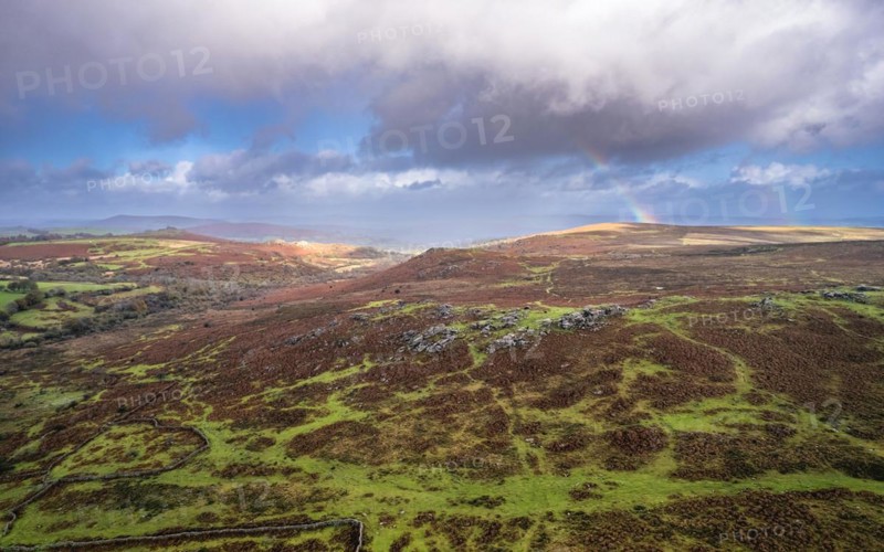 Rainbow over Emsworthy Mire from a drone, Haytor Rocks, Dartmoor National Park, Devon, England, UK